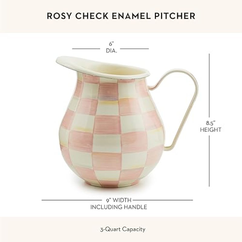 MACKENZIE CHILDS ENAMEL WATER PITCHER FOR HOME DECOR, 3 QUARTS, PINK-AND-WHITE ROSY CHECK