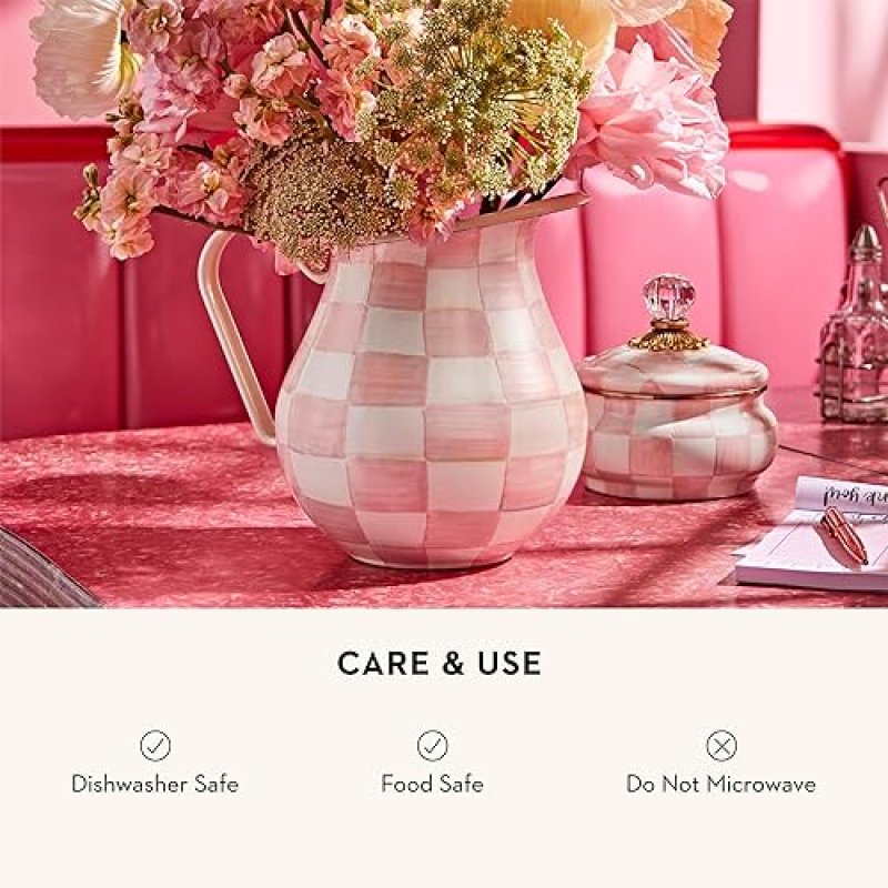 MACKENZIE CHILDS ENAMEL WATER PITCHER FOR HOME DECOR, 3 QUARTS, PINK-AND-WHITE ROSY CHECK