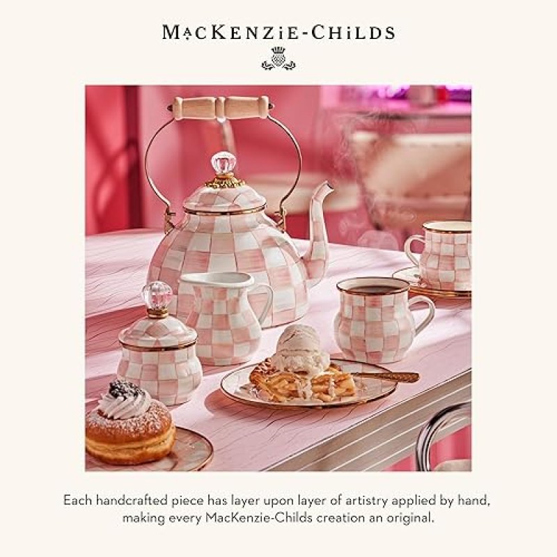 MACKENZIE CHILDS ENAMEL WATER PITCHER FOR HOME DECOR, 3 QUARTS, PINK-AND-WHITE ROSY CHECK