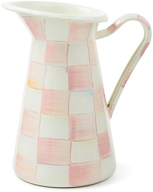 MACKENZIE-CHILDS ENAMEL DRINK PITCHER & FLOWER VASE, MEDIUM, PINK-AND-WHITE ROSY CHECK