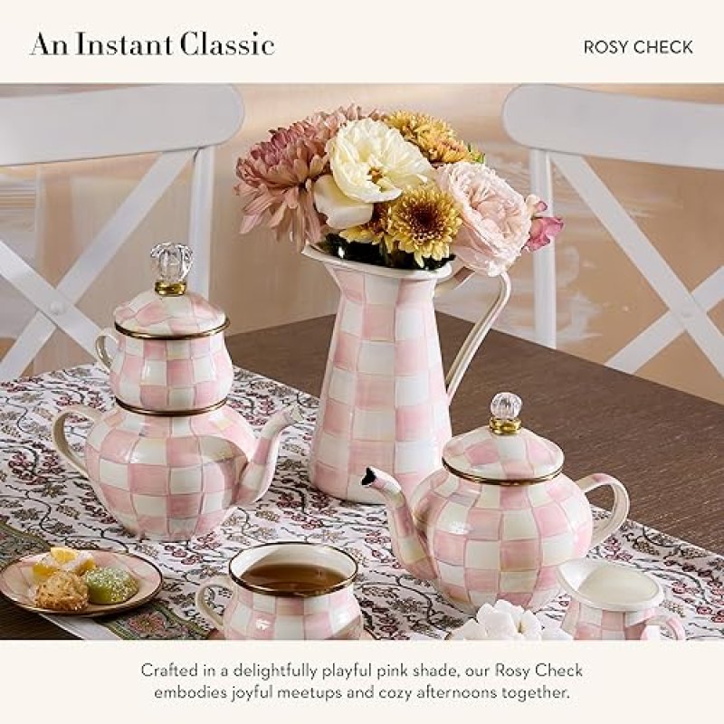 MACKENZIE-CHILDS ENAMEL DRINK PITCHER & FLOWER VASE, MEDIUM, PINK-AND-WHITE ROSY CHECK