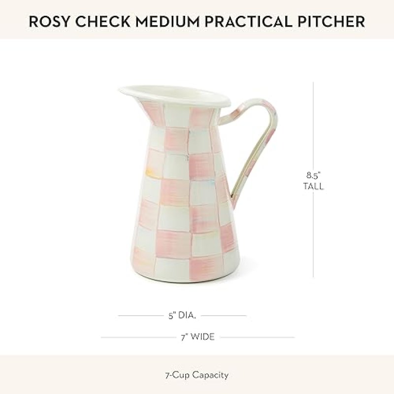 MACKENZIE-CHILDS ENAMEL DRINK PITCHER & FLOWER VASE, MEDIUM, PINK-AND-WHITE ROSY CHECK