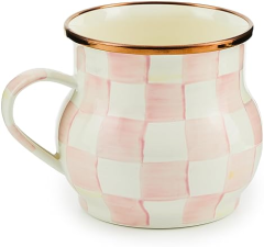 MACKENZIE-CHILDS ENAMEL MUG PINK & WHITE ROSY CHECK 16 OZ.