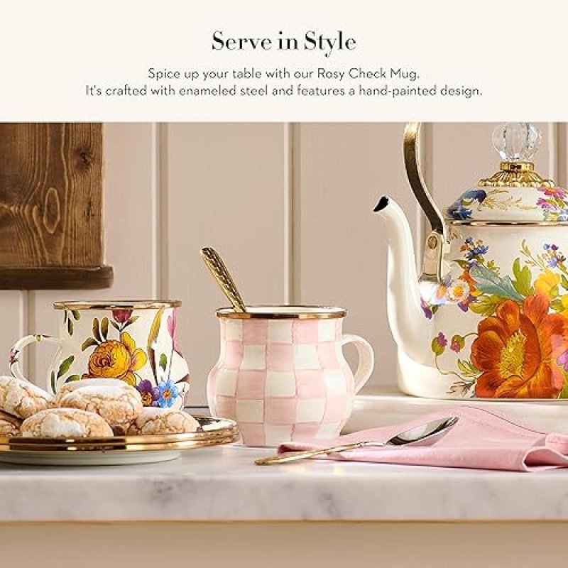 MACKENZIE-CHILDS ENAMEL MUG PINK & WHITE ROSY CHECK 16 OZ.