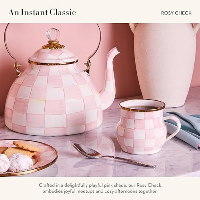 MACKENZIE-CHILDS ENAMEL MUG PINK & WHITE ROSY CHECK 16 OZ.