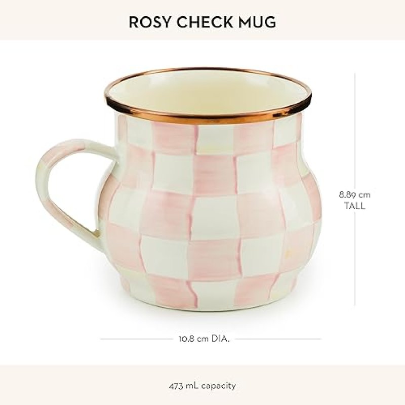 MACKENZIE-CHILDS ENAMEL MUG PINK & WHITE ROSY CHECK 16 OZ.