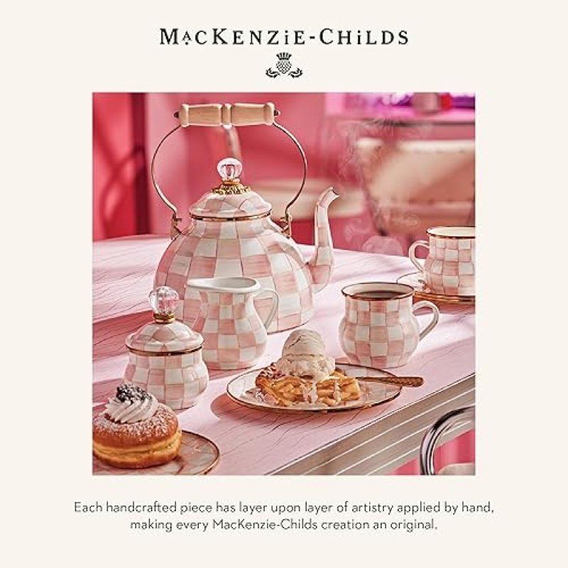 MACKENZIE-CHILDS ENAMEL MUG PINK & WHITE ROSY CHECK 16 OZ.