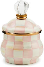 MACKENZIE-CHILDS SMALL ENAMEL SUGAR BOWL WITH LID, 10OZ CAPACITY, PINK & WHITE ROSY CHECK