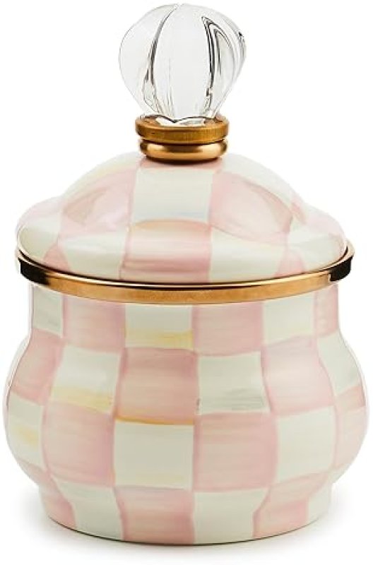 MACKENZIE-CHILDS SMALL ENAMEL SUGAR BOWL WITH LID, 10OZ CAPACITY, PINK & WHITE ROSY CHECK