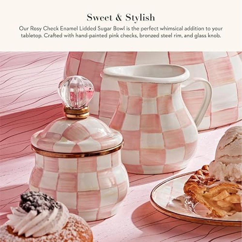 MACKENZIE-CHILDS SMALL ENAMEL SUGAR BOWL WITH LID, 10OZ CAPACITY, PINK & WHITE ROSY CHECK