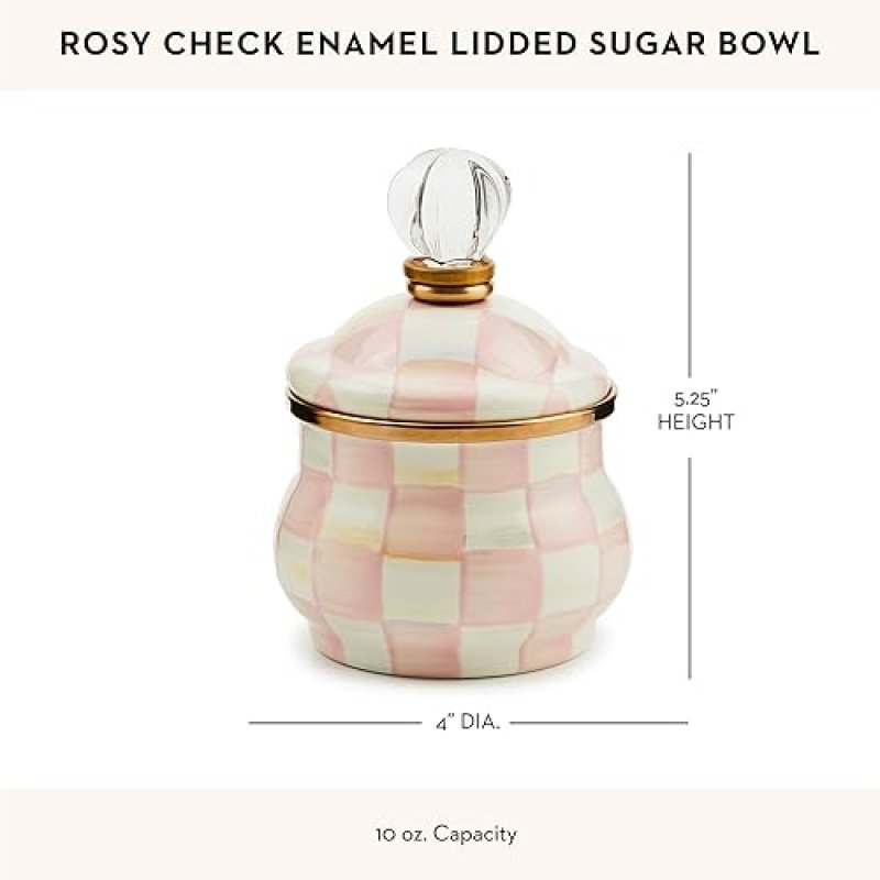 MACKENZIE-CHILDS SMALL ENAMEL SUGAR BOWL WITH LID, 10OZ CAPACITY, PINK & WHITE ROSY CHECK