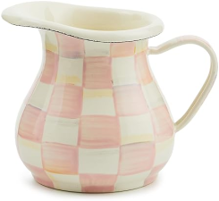 MACKENZIE CHILDS ENAMEL CREAMER DISPENSER WITH POUR SPOUT, PINK-AND-WHITE ROSY CHECK - KITCHEN ENAMELWARE