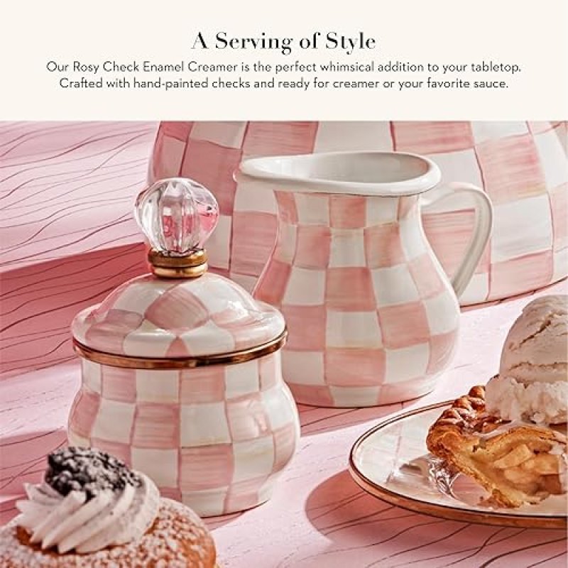 MACKENZIE CHILDS ENAMEL CREAMER DISPENSER WITH POUR SPOUT, PINK-AND-WHITE ROSY CHECK - KITCHEN ENAMELWARE