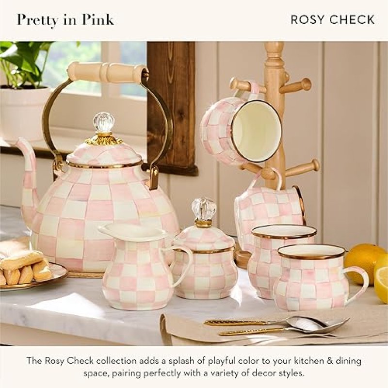 MACKENZIE CHILDS ENAMEL CREAMER DISPENSER WITH POUR SPOUT, PINK-AND-WHITE ROSY CHECK - KITCHEN ENAMELWARE
