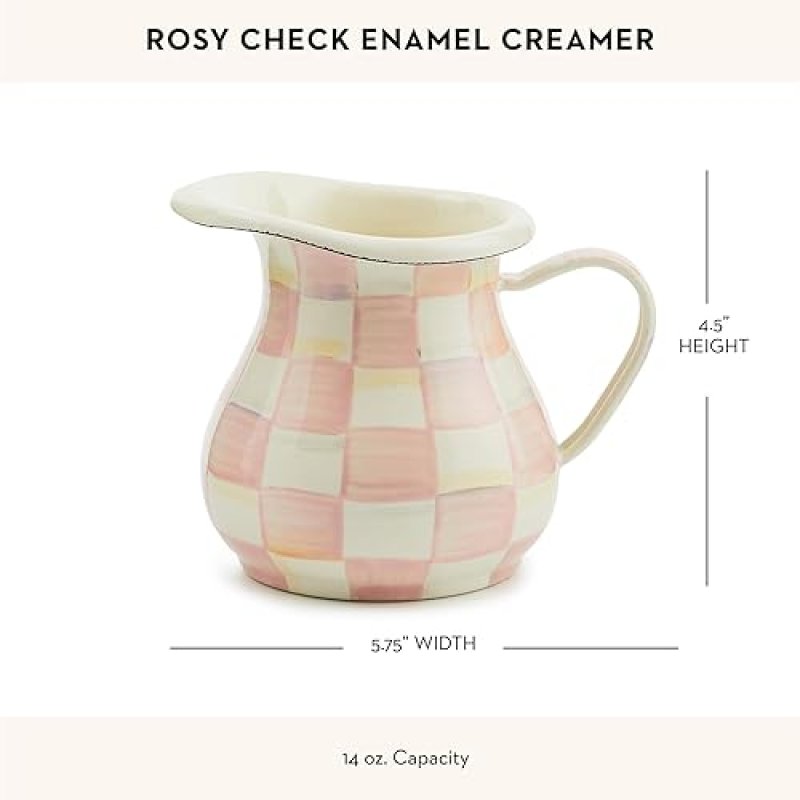 MACKENZIE CHILDS ENAMEL CREAMER DISPENSER WITH POUR SPOUT, PINK-AND-WHITE ROSY CHECK - KITCHEN ENAMELWARE