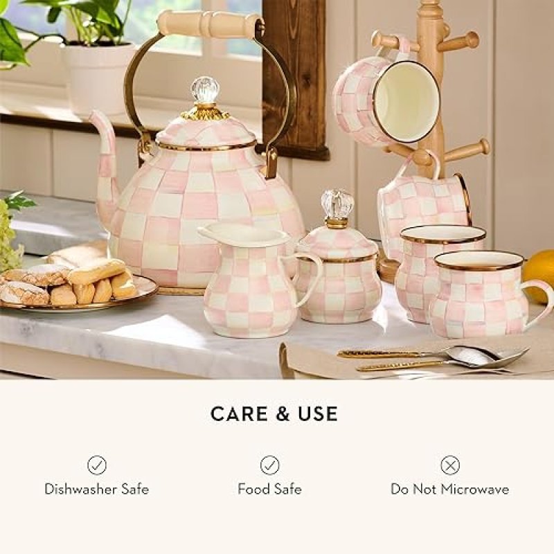 MACKENZIE CHILDS ENAMEL CREAMER DISPENSER WITH POUR SPOUT, PINK-AND-WHITE ROSY CHECK - KITCHEN ENAMELWARE
