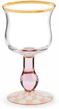 MACKENZIE CHILDS STEMMED WINE GLASS, 16 OZ PINK-AND-WHITE ROSY CHECK, DECORATIVE GLASSWARE