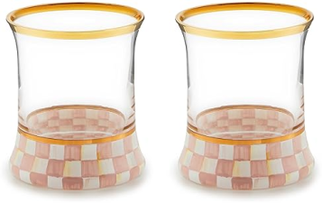 MACKENZIE CHILDS  ELEGANT GOLD RIM TUMBLER GLASSES, 8 OZ, SET OF 2, PINK-AND-WHITE CHECKERED DESIGN