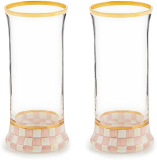 MACKENZIE-CHILDS HIGHBALL GLASSES WITH GOLD RIMS, 15OZ, SET OF 2, PINK & WHITE CHECKERED