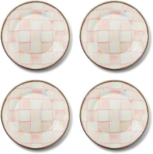 MACKENZIE CHILDS  ENAMEL APPETIZER & DESSERT PLATES SET, 5 INCHES, PINK & WHITE ROSY CHECK - PACK OF 4