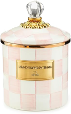 MACKENZIE CHILDS SMALL ENAMEL KITCHEN CANISTER, PINK-AND-WHITE ROSY CHECK DESIGN, 38 OZ