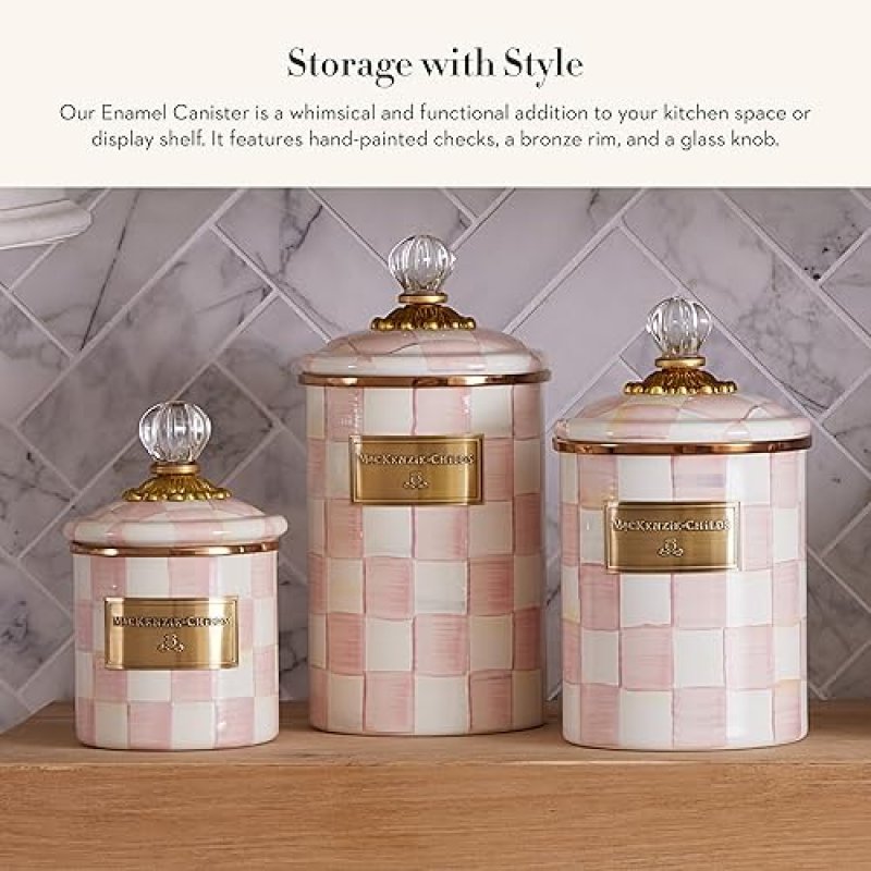MACKENZIE CHILDS SMALL ENAMEL KITCHEN CANISTER, PINK-AND-WHITE ROSY CHECK DESIGN, 38 OZ