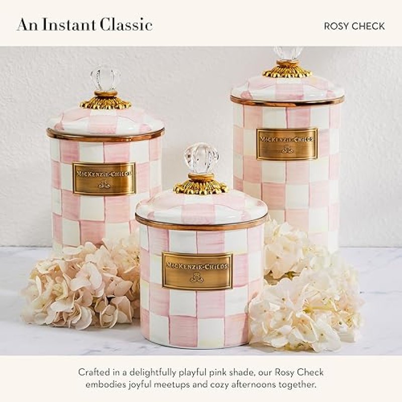 MACKENZIE CHILDS SMALL ENAMEL KITCHEN CANISTER, PINK-AND-WHITE ROSY CHECK DESIGN, 38 OZ