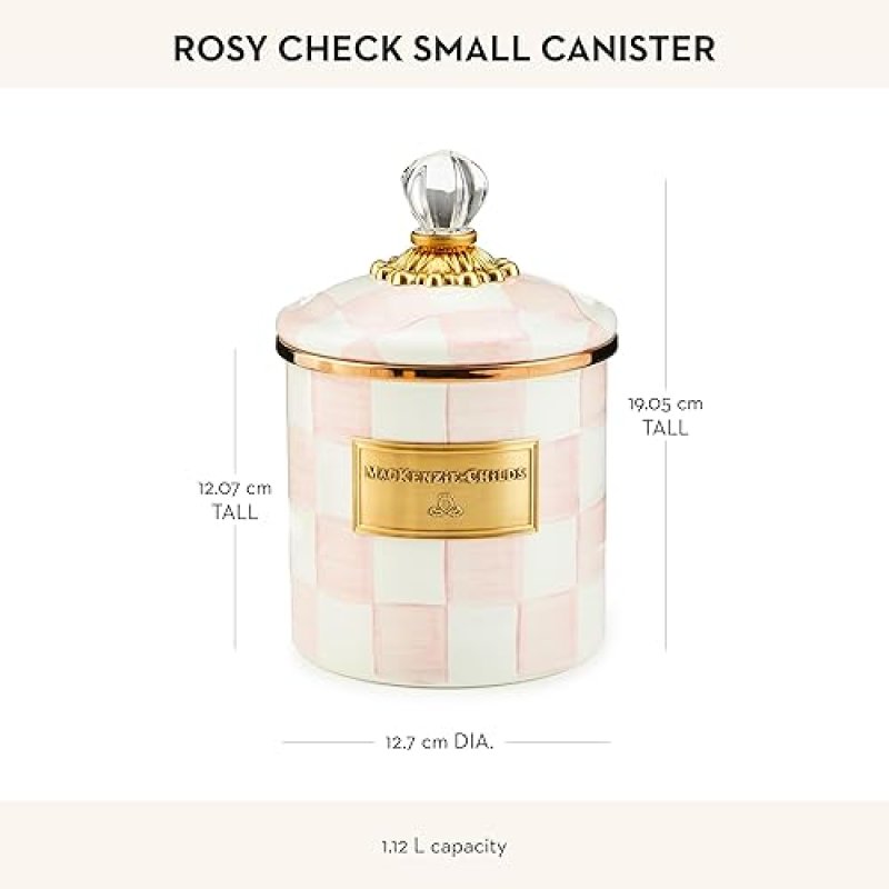MACKENZIE CHILDS SMALL ENAMEL KITCHEN CANISTER, PINK-AND-WHITE ROSY CHECK DESIGN, 38 OZ