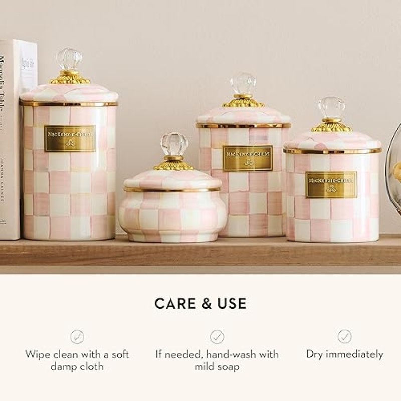 MACKENZIE CHILDS SMALL ENAMEL KITCHEN CANISTER, PINK-AND-WHITE ROSY CHECK DESIGN, 38 OZ