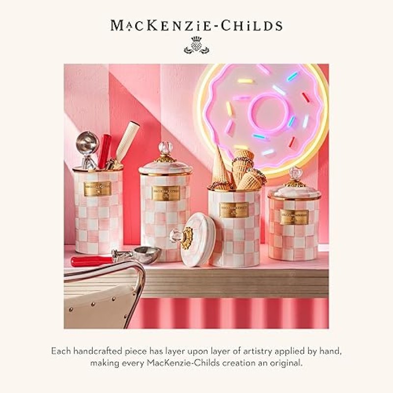 MACKENZIE CHILDS SMALL ENAMEL KITCHEN CANISTER, PINK-AND-WHITE ROSY CHECK DESIGN, 38 OZ