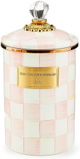 MACKENZIE-CHILDS LARGE ENAMEL CANISTER, KITCHEN STORAGE CONTAINER, 1.89L, PINK & WHITE ROSY CHECK