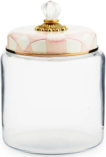 MACKENZIE CHILDS LARGE ROSY CHECK KITCHEN CANISTER BY MACKENZIE-CHILDS: PINK & WHITE GLASS STORAGE JAR