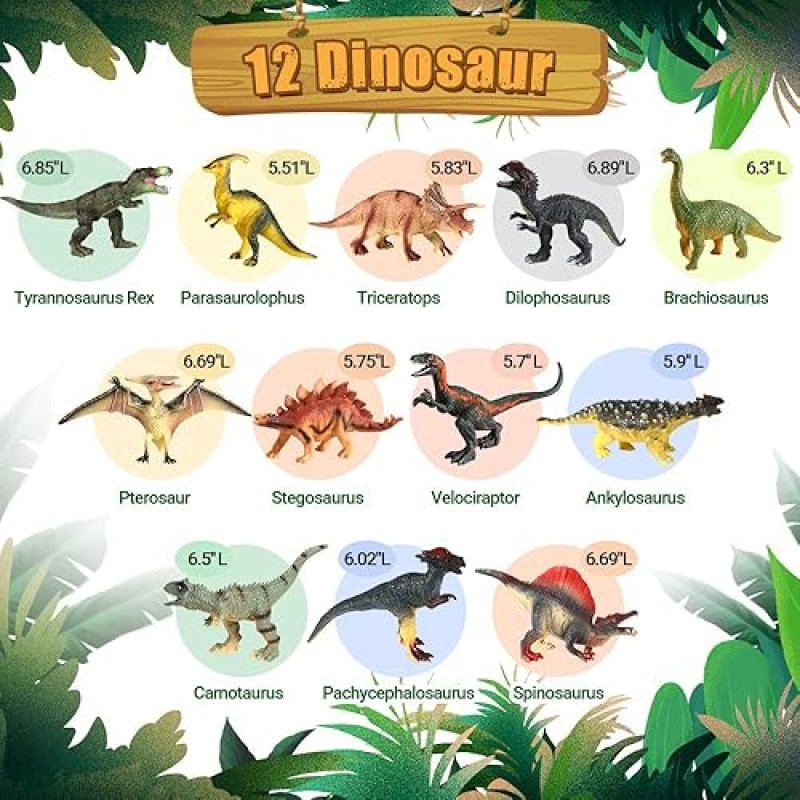 OENUX REALISTIC DINOSAUR TOY SET WITH EDUCATIONAL BOOKLET FOR KIDS AGES 3-5, 12PCS - T-REX, TRICERATOPS, DINO LEARNING TOY - AGES 4-7