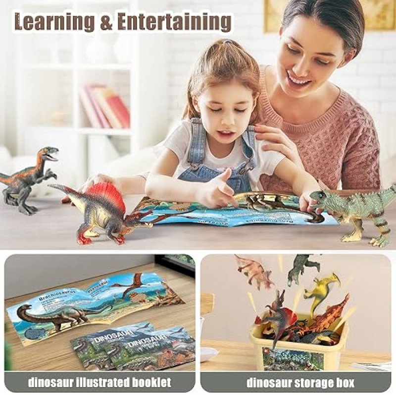 OENUX REALISTIC DINOSAUR TOY SET WITH EDUCATIONAL BOOKLET FOR KIDS AGES 3-5, 12PCS - T-REX, TRICERATOPS, DINO LEARNING TOY - AGES 4-7