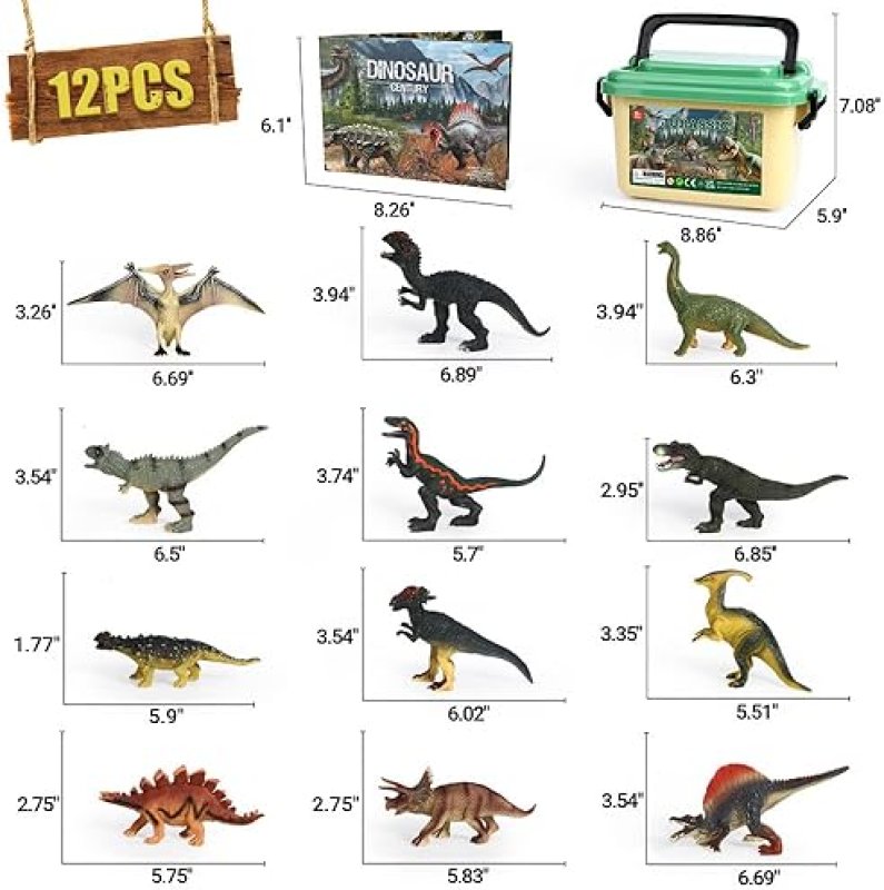 OENUX REALISTIC DINOSAUR TOY SET WITH EDUCATIONAL BOOKLET FOR KIDS AGES 3-5, 12PCS - T-REX, TRICERATOPS, DINO LEARNING TOY - AGES 4-7