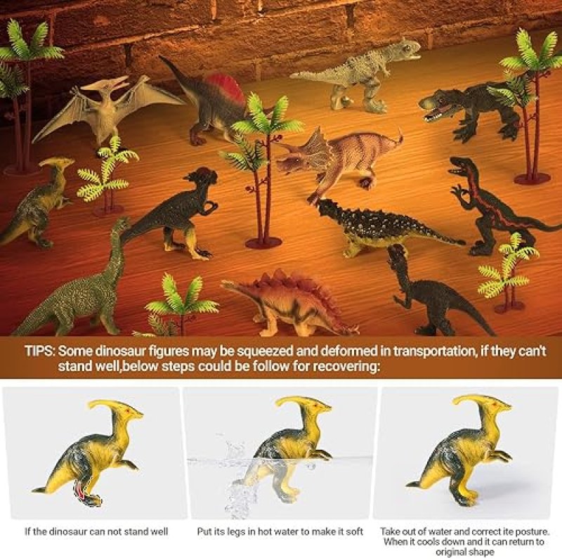 OENUX REALISTIC DINOSAUR TOY SET WITH EDUCATIONAL BOOKLET FOR KIDS AGES 3-5, 12PCS - T-REX, TRICERATOPS, DINO LEARNING TOY - AGES 4-7