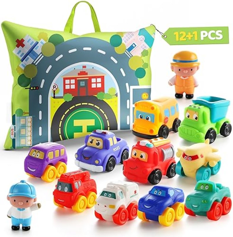 BESSOME SOFT RUBBER TOY CAR SET WITH PLAYMAT & STORAGE BAG | 12 CARTOON CARS FOR 1-2 YEAR OLDS | BIRTHDAY & VALENTINE GIFT