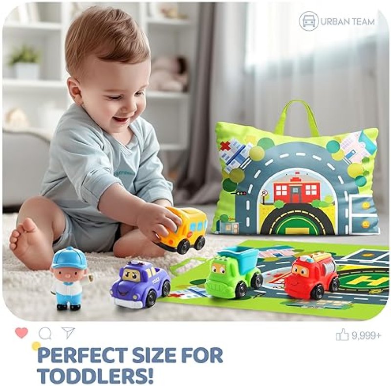 BESSOME SOFT RUBBER TOY CAR SET WITH PLAYMAT & STORAGE BAG | 12 CARTOON CARS FOR 1-2 YEAR OLDS | BIRTHDAY & VALENTINE GIFT