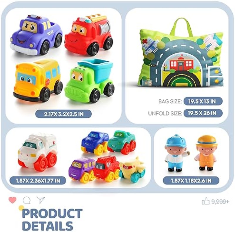 BESSOME SOFT RUBBER TOY CAR SET WITH PLAYMAT & STORAGE BAG | 12 CARTOON CARS FOR 1-2 YEAR OLDS | BIRTHDAY & VALENTINE GIFT