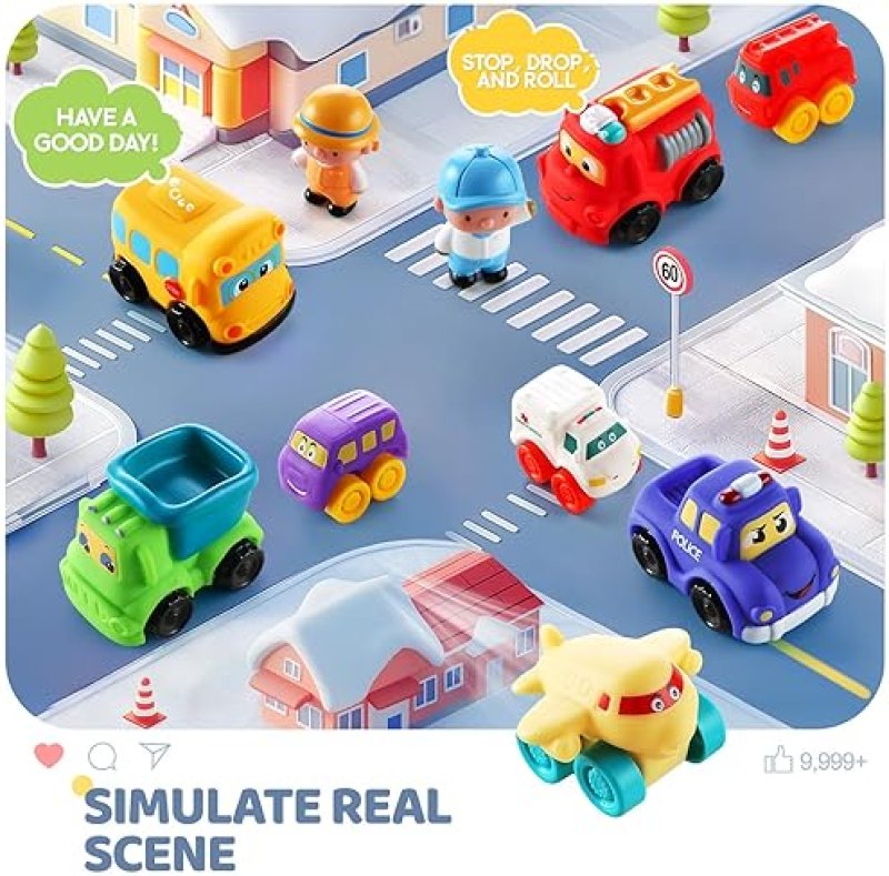 BESSOME SOFT RUBBER TOY CAR SET WITH PLAYMAT & STORAGE BAG | 12 CARTOON CARS FOR 1-2 YEAR OLDS | BIRTHDAY & VALENTINE GIFT