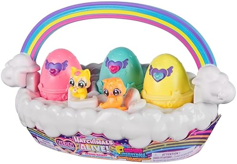 SPIN MASTER HATCHIMALS ALIVE NEON RAINBOW SPRING BASKET TOY WITH SELF-HATCHING EASTER EGGS - FUN GIFT FOR KIDS AGES 3+
