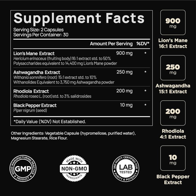 ELMNT LIONS MANE MUSHROOM SUPPLEMENT - 16X STRENGTH NOOTROPIC ENERGY FOCUS MEMORY PILLS