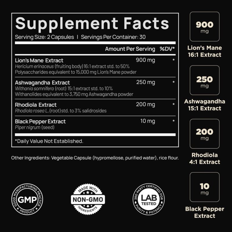 ELMNT LIONS MANE MUSHROOM SUPPLEMENT - 16X STRENGTH NOOTROPIC ENERGY FOCUS MEMORY PILLS