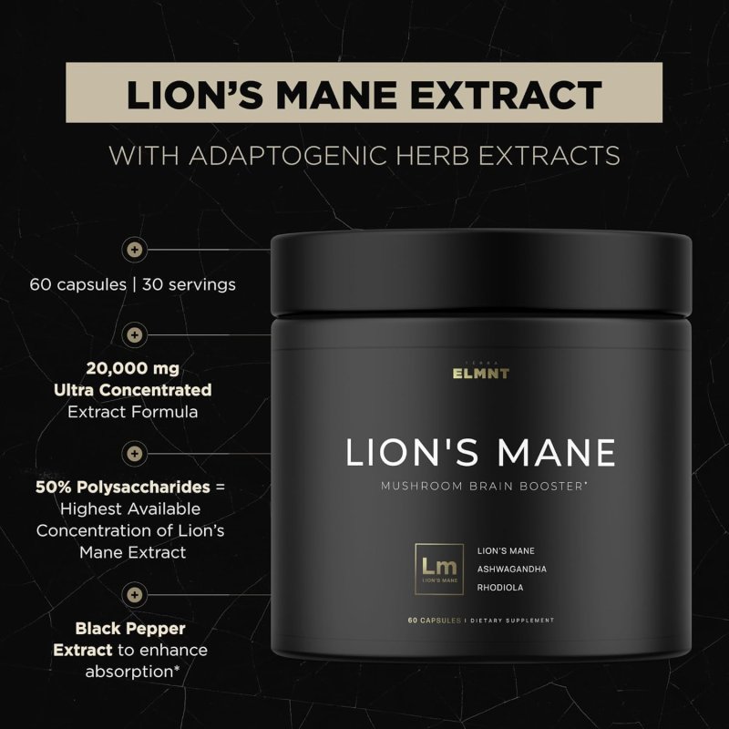 ELMNT LIONS MANE MUSHROOM SUPPLEMENT - 16X STRENGTH NOOTROPIC ENERGY FOCUS MEMORY PILLS