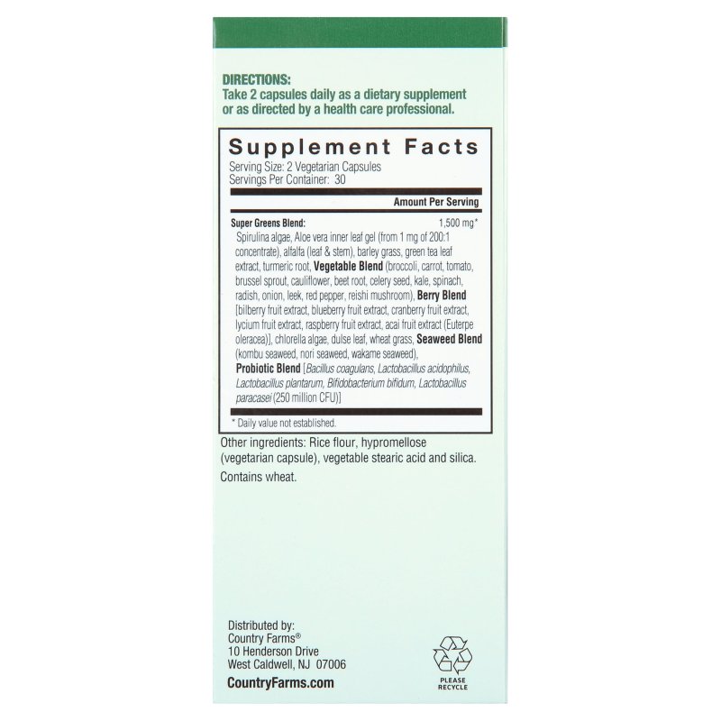 COUNTRY FARMS SUPER GREENS VEGICAPS - WHOLE FOOD SUPPLEMENT WITH 32 SUPERFOODS, ANTIOXIDANTS & PROBIOTICS - 60 COUNT