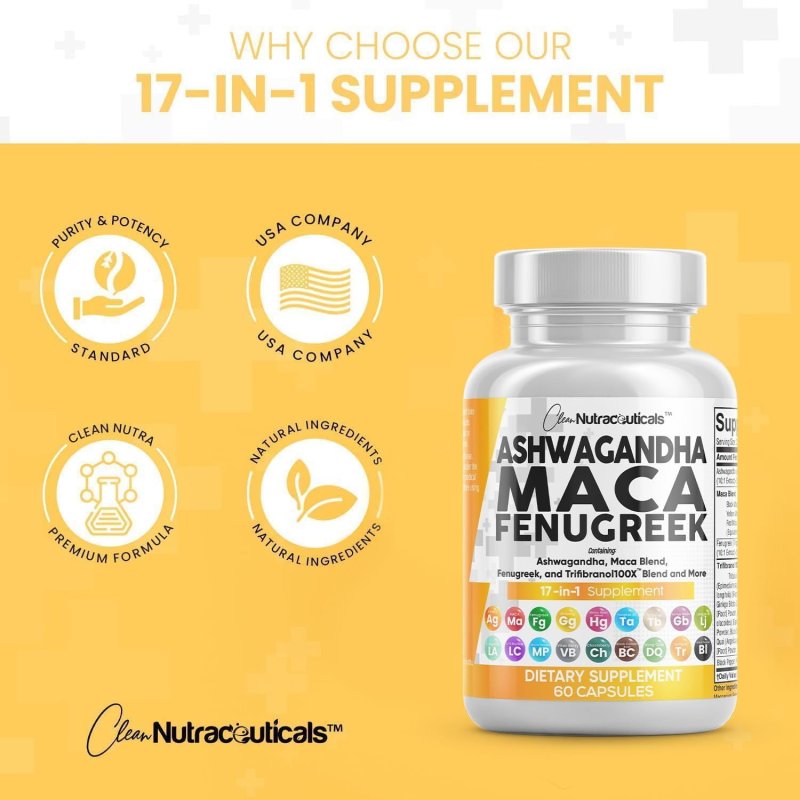 CLEAN NUTRACEUTICALS ASHWAGANDHA MACA ROOT FENUGREEK SUPPLEMENT - STRESS, MOOD, THYROID SUPPORT - 1 PACK