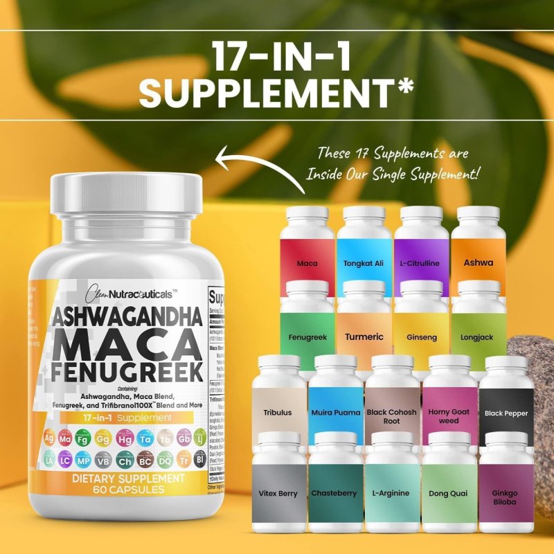 CLEAN NUTRACEUTICALS ASHWAGANDHA MACA ROOT FENUGREEK SUPPLEMENT - STRESS, MOOD, THYROID SUPPORT - 1 PACK