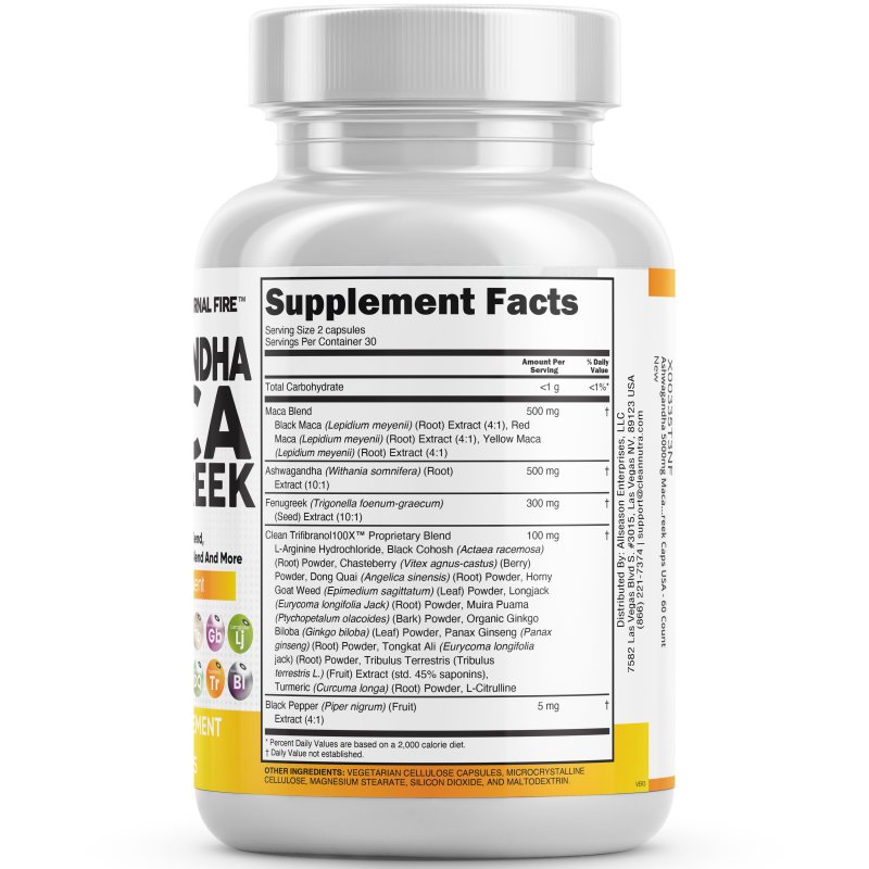 CLEAN NUTRACEUTICALS ASHWAGANDHA MACA ROOT FENUGREEK SUPPLEMENT - STRESS, MOOD, THYROID SUPPORT - 1 PACK