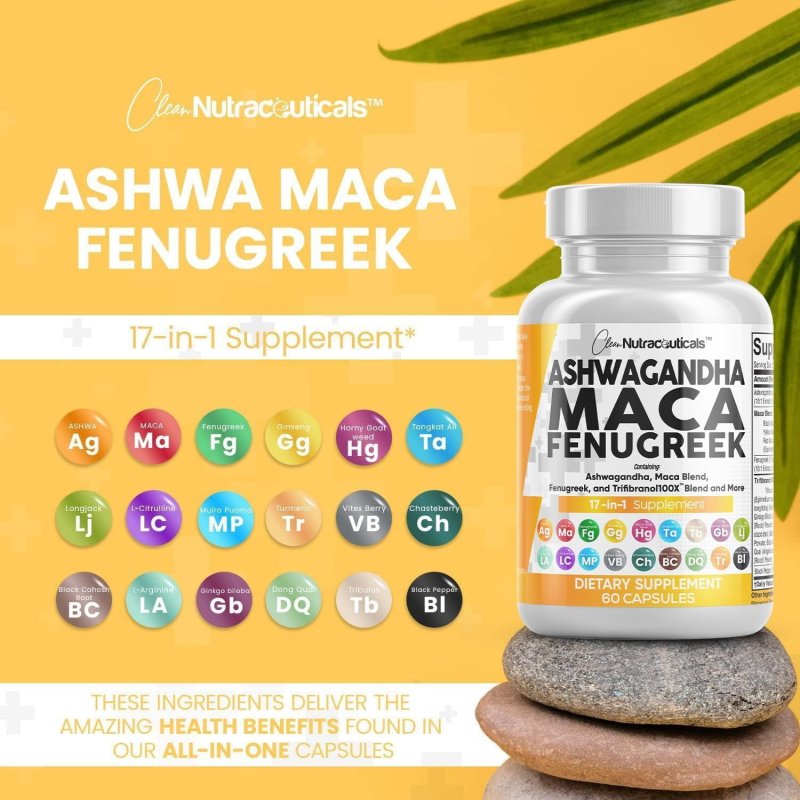 CLEAN NUTRACEUTICALS ASHWAGANDHA MACA ROOT FENUGREEK SUPPLEMENT - STRESS, MOOD, THYROID SUPPORT - 1 PACK