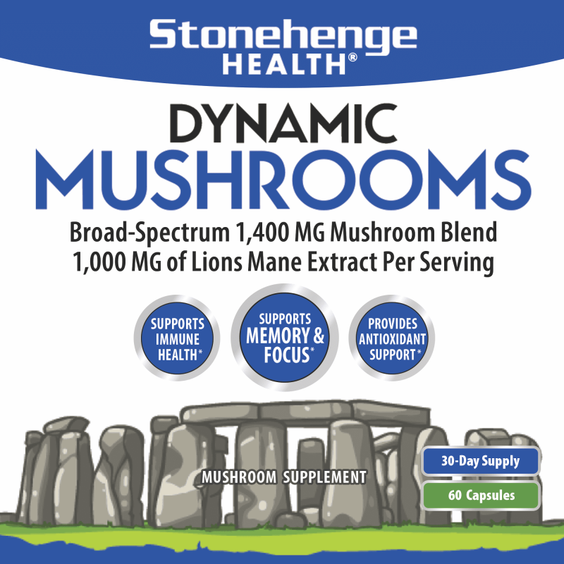 STONEHENGE HEALTH DYNAMIC MUSHROOMS - NOOTROPIC BRAIN & IMMUNE BOOSTER - LION'S MANE, CHAGA, MAITAKE, SHIITAKE, REISHI - 60 CAPSULES